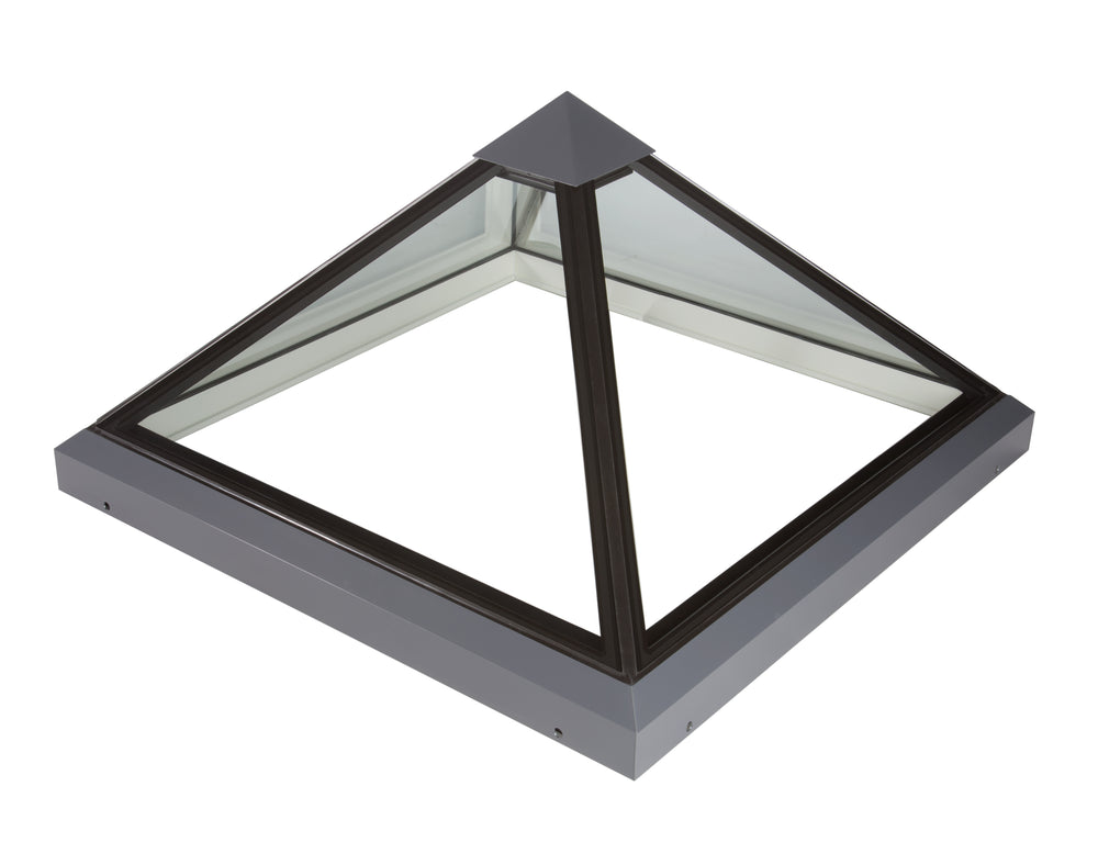 studio photo of a pyramid rooflight on a white background, rooflight painted black/grey 