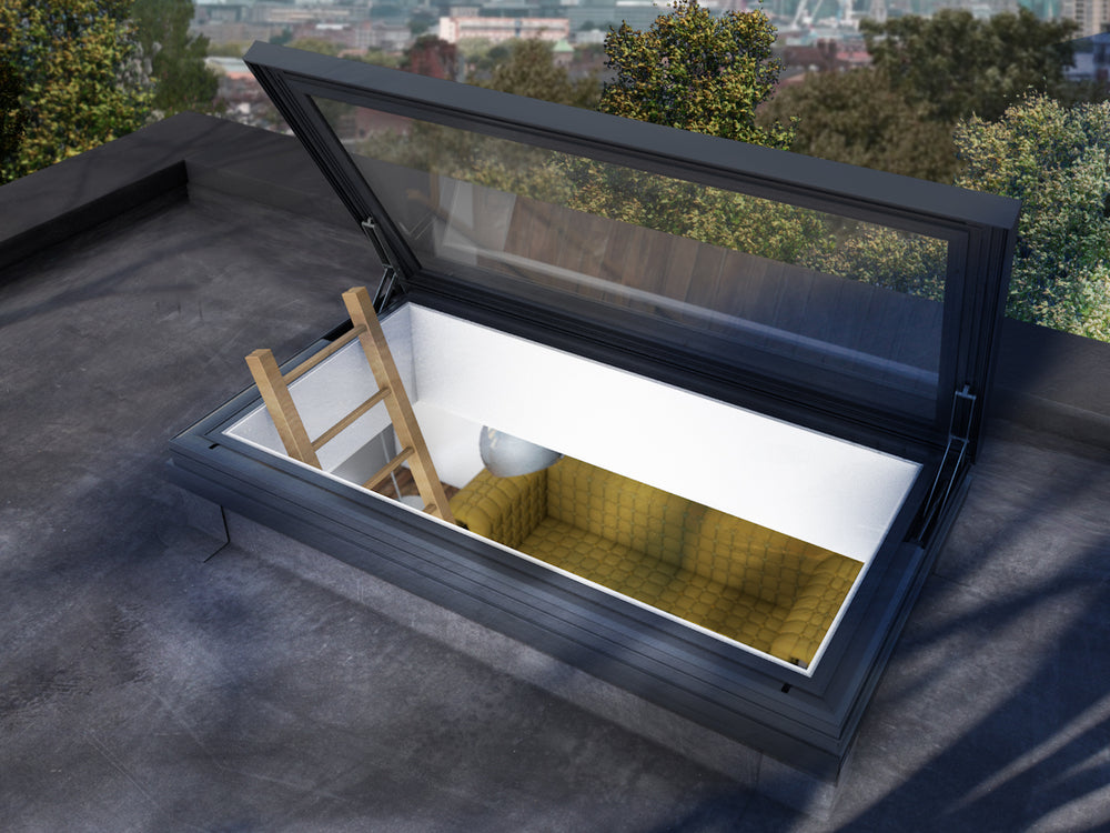 render image of opening rooflight on roof with yellow sofa and ladder below