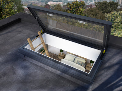 render image of opening rooflight on roof with living room and ladder below