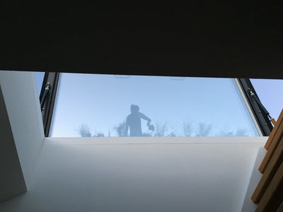 inside view of an open rooflight with a ladder to the right, shadow of woman with a watering can